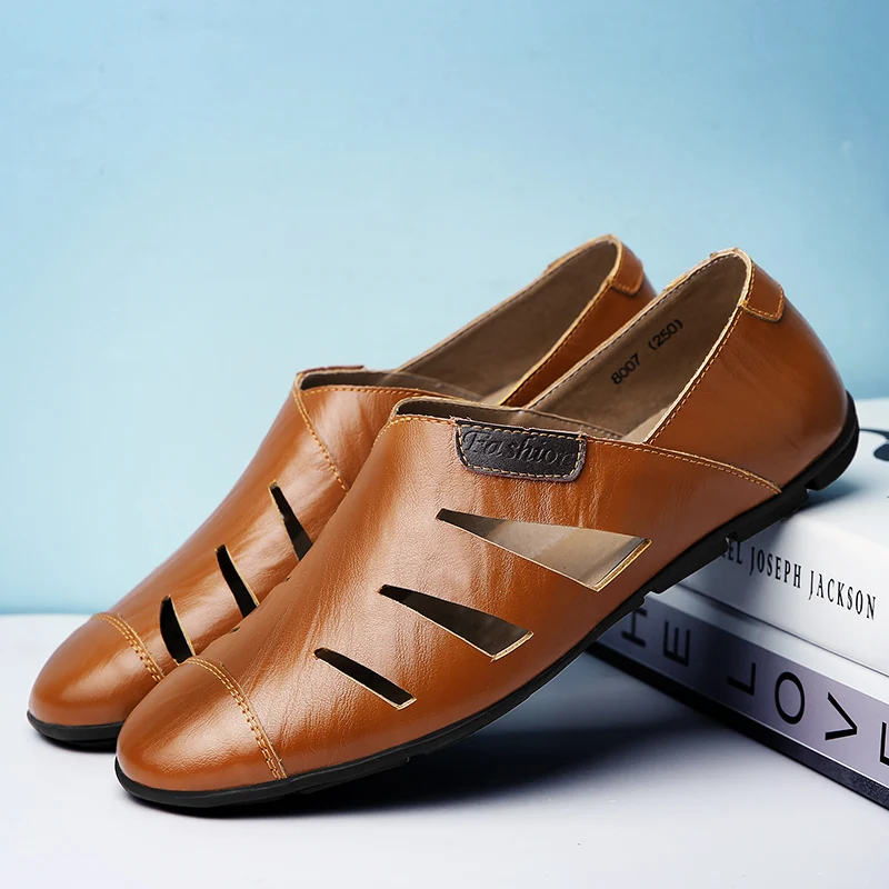 Genuine Leather Mens Summer Loafers Fashion Hollow Out Shoes New Comfy Cool Man Walking Flats Original Style Men Casual Sandals 5