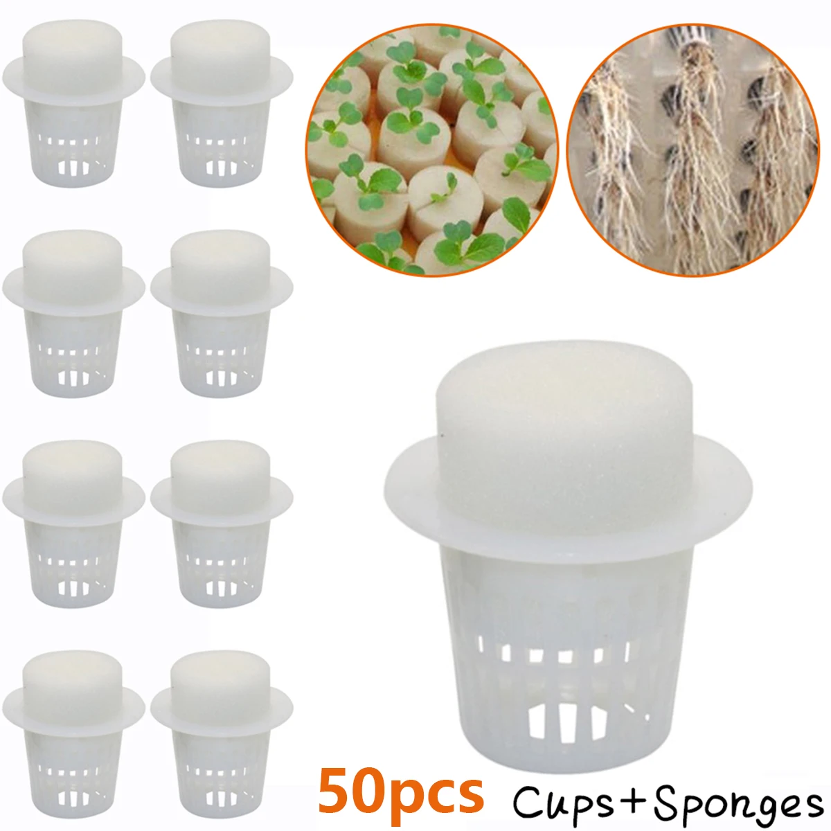 50PCS Plant Net Cup 50PCS Cylinders Sponge For Hydroponics Aquaponics Orchids Plant Starting UV Resistant Plastic Net Cups