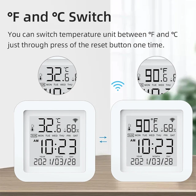 WiFi LCD Display USB Power Intellgient Sensors Tuya ℉/℃ Switch Time/Date/Temperature/Humidity Display Home Linkage Sensors 6
