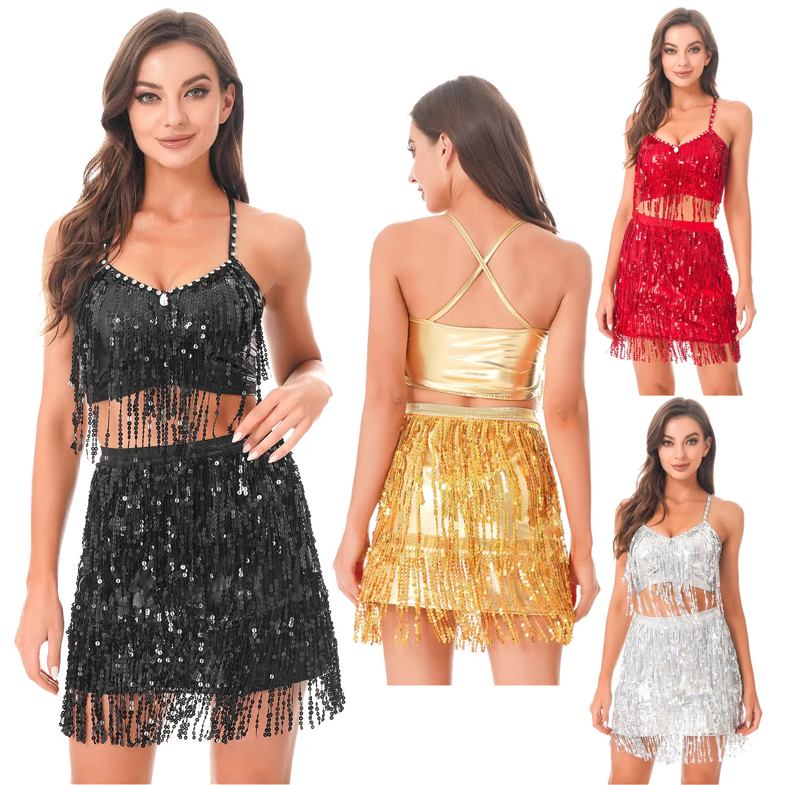 

Womens Shiny Sequins Tassels Belly Dance Costume V Neck Fringed Crop Top Camisole with Skirt Set for Latin Dancewear Performance