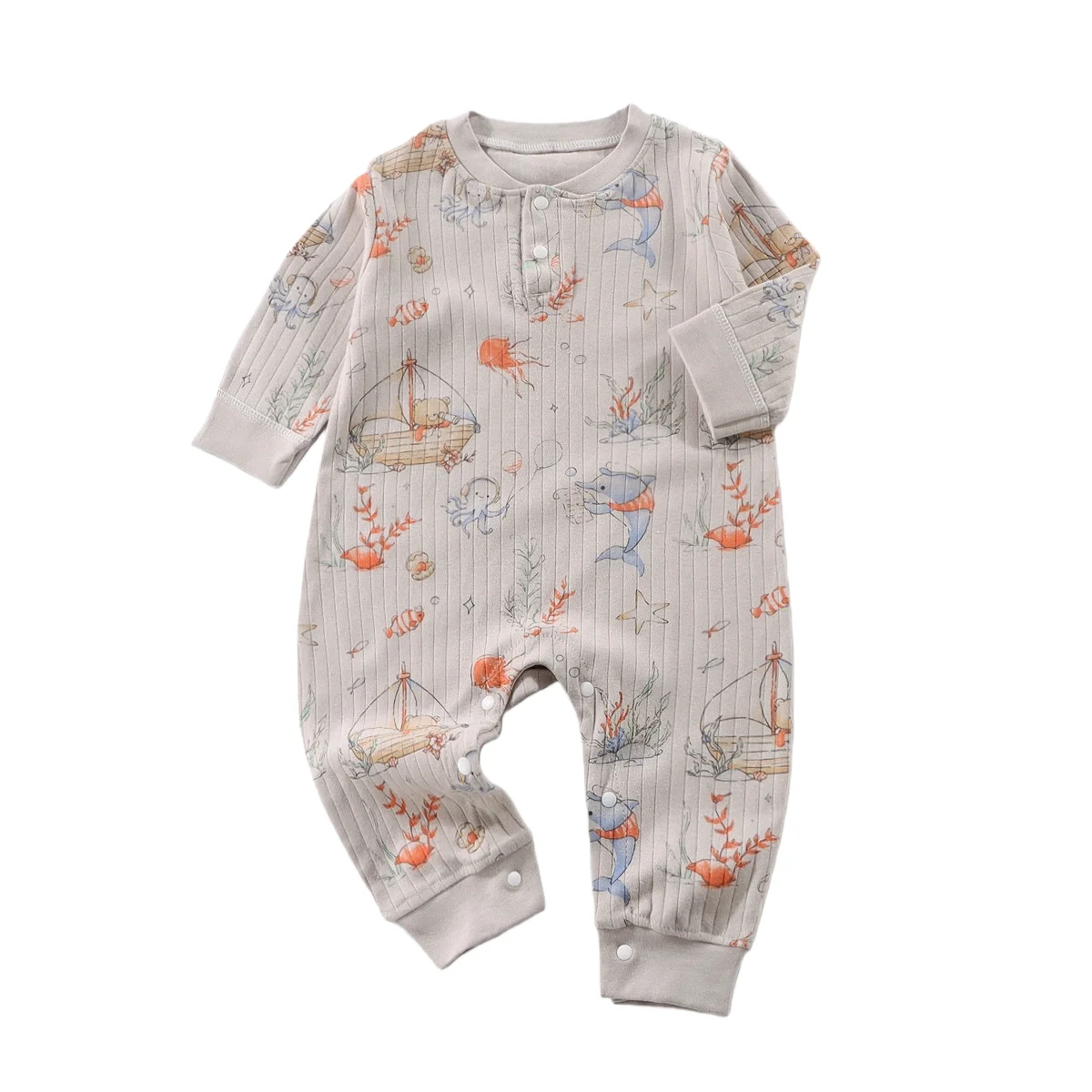 Baby Cartoon Print Long Sleeve Romper, Newborn Infant Ribbed Cotton Jumpsuit with Camping Animal Baby Onesie for Spring Autumn