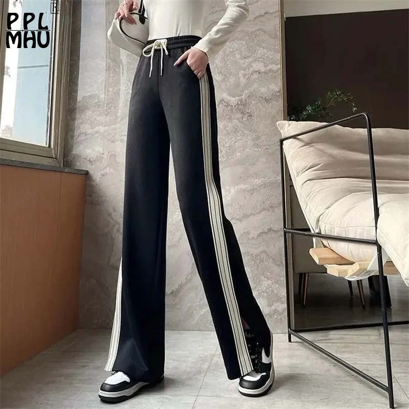 Casual Stripes Baggy Sweatpants Black Side Slit Design Jogger