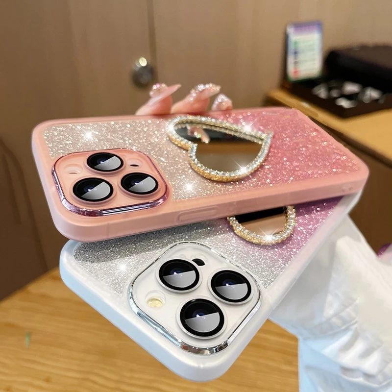 Diamond Heart Mirror Telefonfodral För OPPO A15 A16 A17 A54 A57 A72 A53 A9 2022 Glitter Cover 7 4G Reno 8T Realme_voghion.com