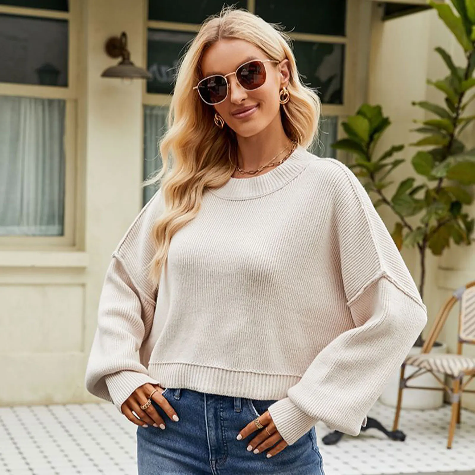 

Women's Loose Short Pullover Sweaters Fashion Cotton Long-Sleeved Round Neck Knit Sweater Jumper Autumn & Winter Outerwear