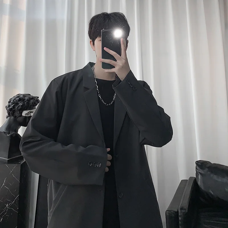남성용 캐주얼 단색 루즈 긴팔 정장 재킷, 남성용 스트리트웨어, 데일리 아우터, 가을 정장 상의, 시크한 블레이저