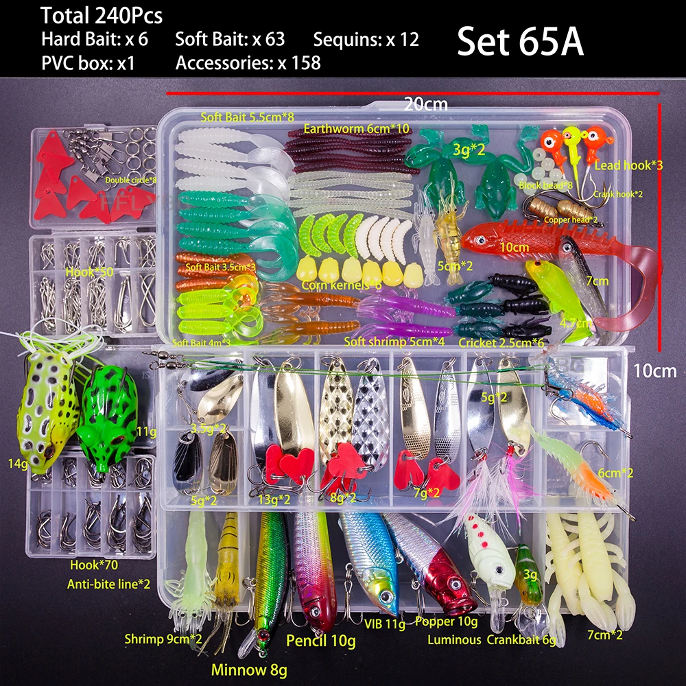 FFLYBG New Mixed Fishing Lure Set Soft and Hard Bait Kit Minnow Metal Jig Spoon Tackle Accessories with Box For Bass Pike Crank