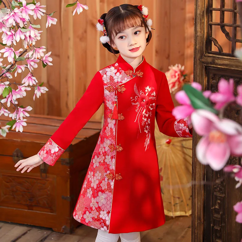 

Girls' Hanfu New Year's Clothing Children's Warm Cheongsam Chinese Tang Suit Kid Winter Plus Velvet Cute Embroidery Party Dress