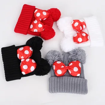 Disney Minnie Bow Knitted Hat Winter Warm Bonnet Hats for Boys Girls Cute Cartoon Mickey Beanie Cap with Pompom Kids Gifts