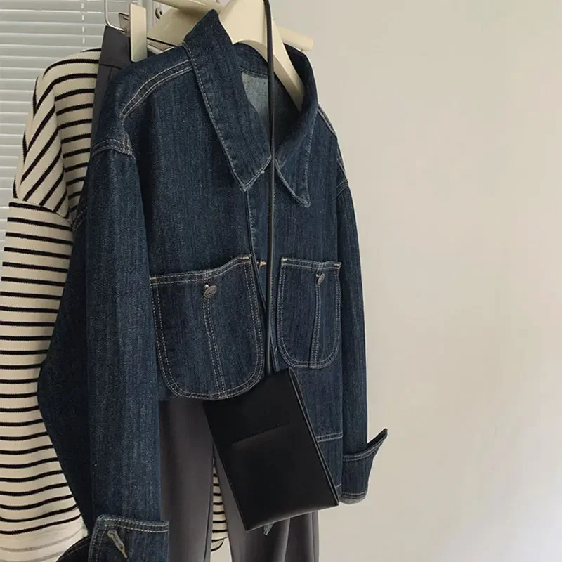 Retro Dark Blue Denim Jacket Short Female Spring and Autumn Winter New All-match Loose Wash Top autumn winter new denim pants men s d2 jeans slim fit small feet wash deep blue 3d cut worn out paint