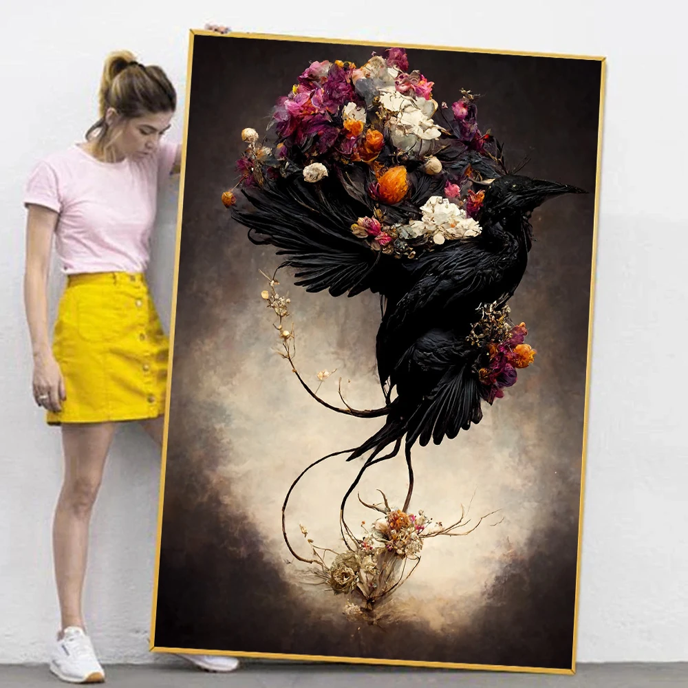 

Gothic Floral Crow Poster Prints For Living Room Home Decor Surrealism Bird And Flower HD Animal Canvas Painting Wall Art Mural