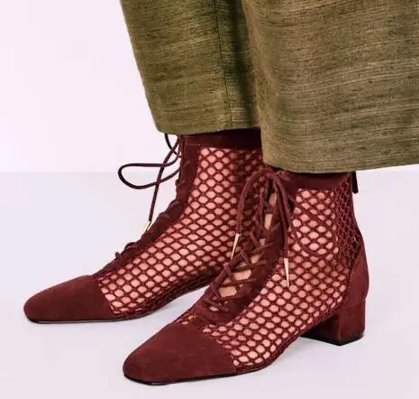 

Moraima Snc Newest Wine Red Suded Mesh Grid Lace-up Ankle Boots Round Toe Chunky Heels Short Boots Summer Sandal Boots