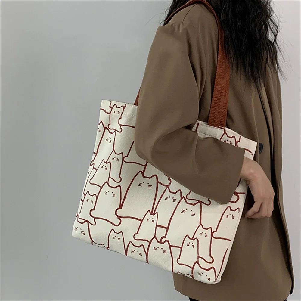 Cute Cat Print Picnic Bag Large Capacity Canvas Simple Shoulder Tote Bags Women Zipper Handbag Camping Accessories