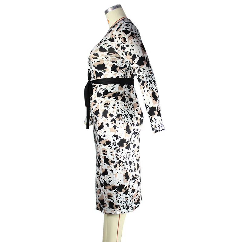 Fashion Printing Lacing Long Sleeve Bag Hip Women's Clothing Spring Autumn Office Lady Round Neck Sashes Slim Plus Size Dresses
