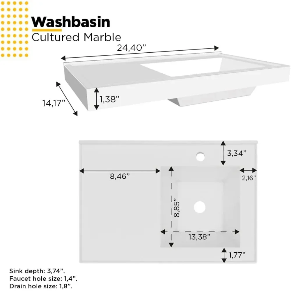 24" Floating Bathroom Vanity and Cultured Marble Sink with Soft Close Door 2