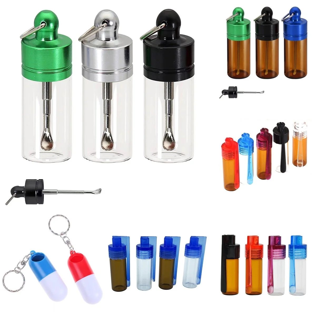 1pc Snuff Glass Bottle With Telescopic Spoon Snorter Sniffer Pill Box