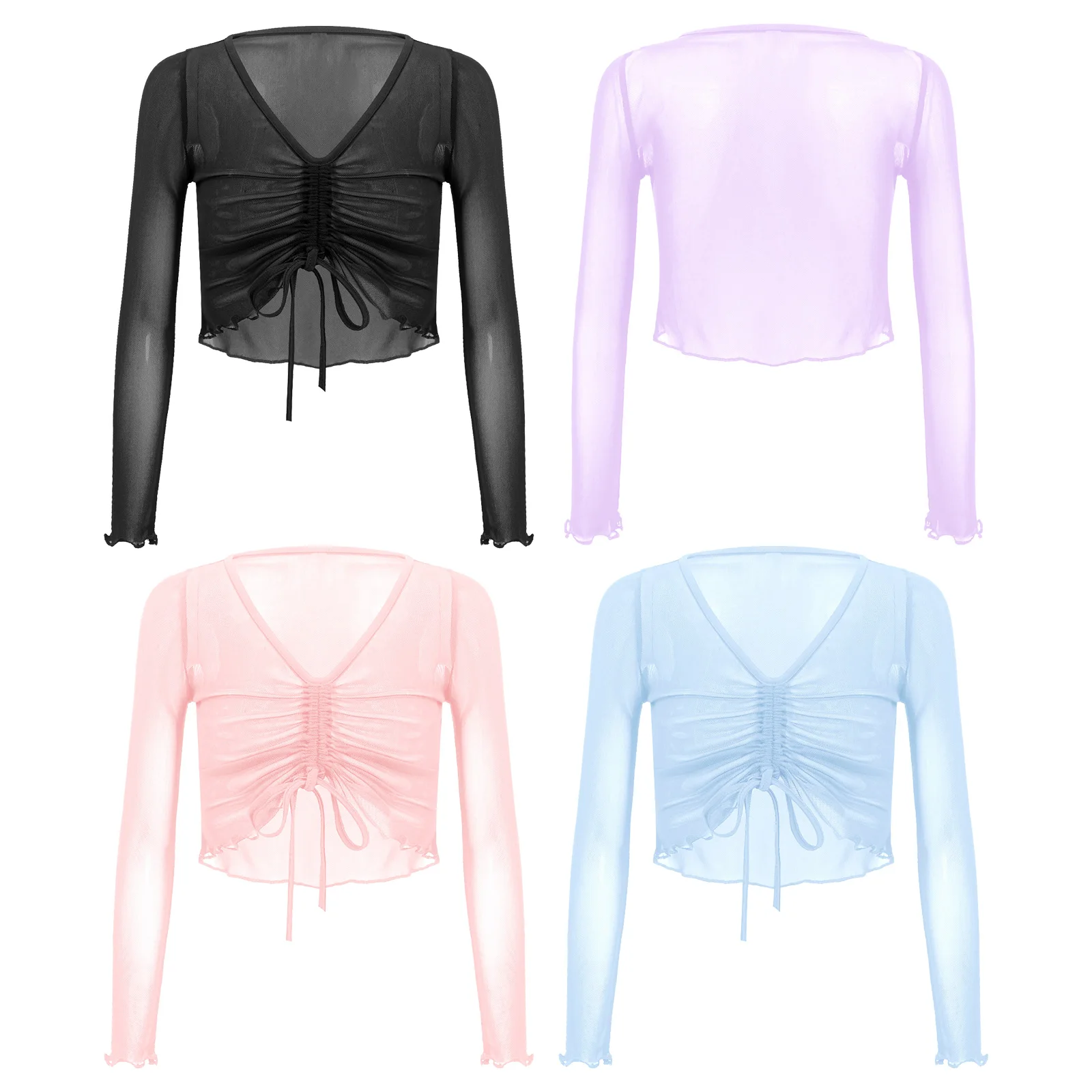 

Girls Ballet Dance Cover Up Tops Coat V Neck Long Sleeve Drawstring See-through Mesh Crop Top Kids Ballet Dance Gymnastics Wear
