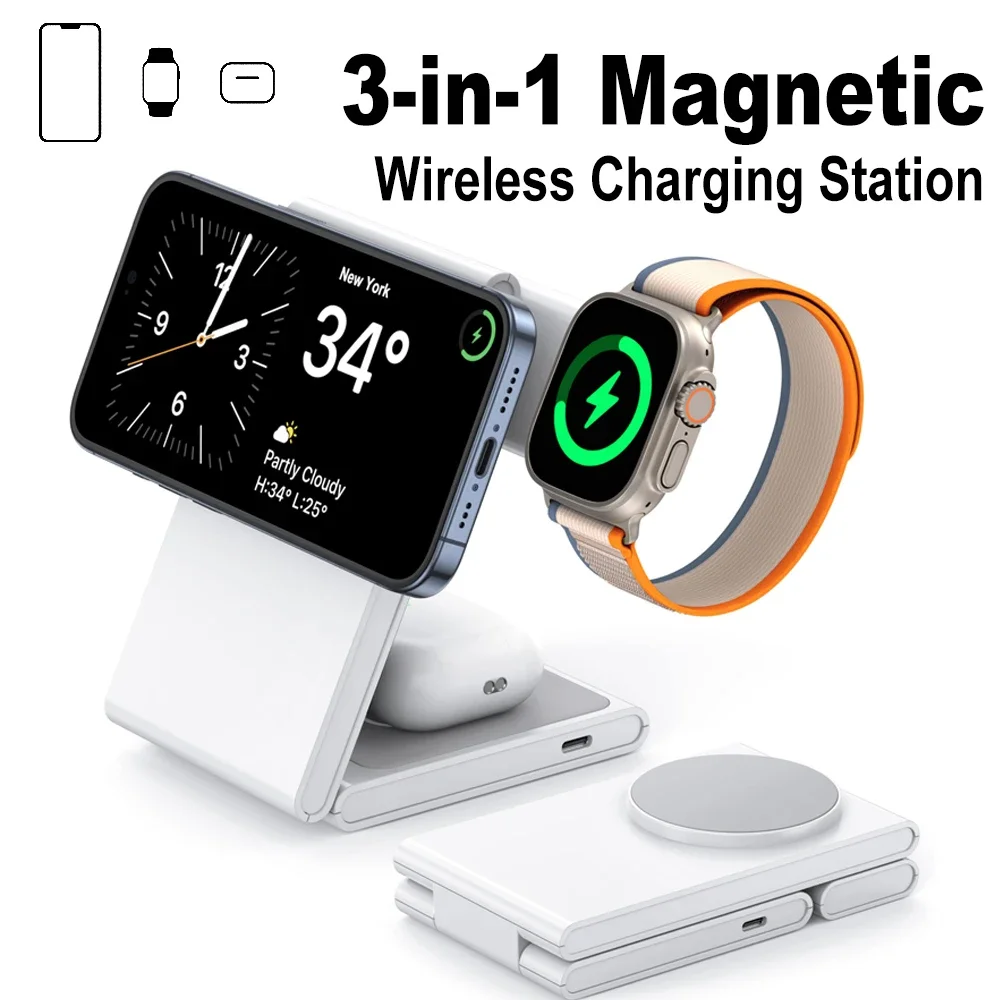 

3 in 1 Magnetic Foldable Wireless Charger Station 15W Fast Charging for Magsafe iPhone 15 14 13 Stand Dock Apple Watch Airpods