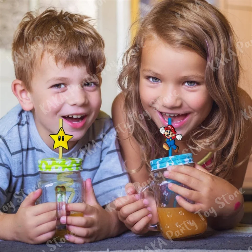 Pailles Anniversaire 10 Pailles Réutilisables Mario - En Plastique , Design Spiralé, 25.5-27cm, Pour Fêtes Enfants Sans BPA