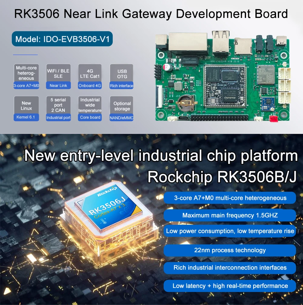 IDO-EVB3506 Near Link Gateway Motherboard Rockchip RK3506 Linux Industrial Devel