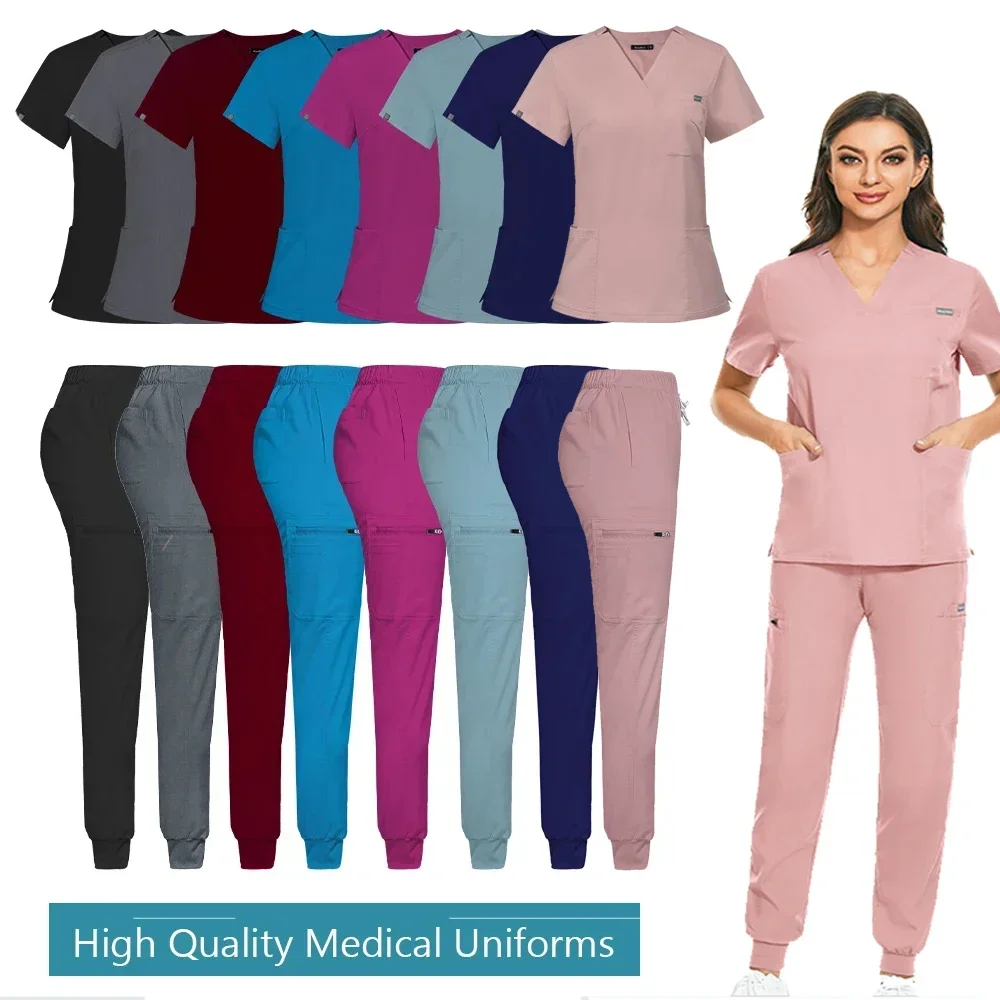 

Quality Unisex Medical Uniforms Nurse Scrubs Doctor Dentist Hospital Work Wear Short Sleeve V Neck Tops Pants Suit Nurse Uniform