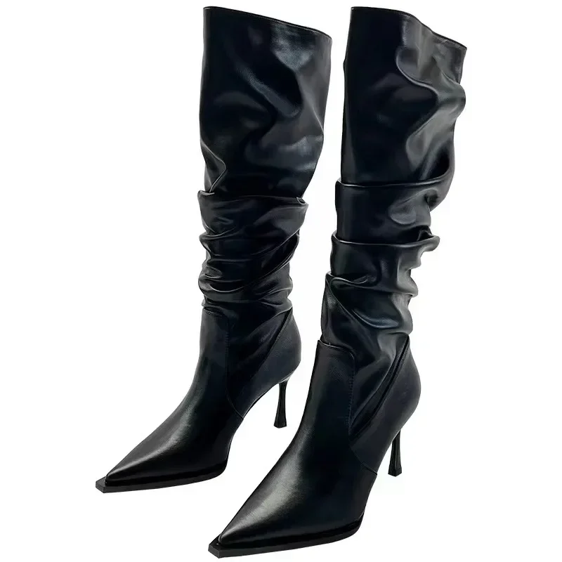 Women's Shoes 2023 High Quality Slip-on Women's Boots Fashion Pleated Office and Career Sexy Pointed Toe Knee-High Boots Zapatos