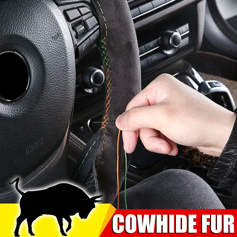 

Cowhide Fur Steering Wheel Cover For Car Universal 38cm Braided Steering Wheel Protection Cover Leather Anti Slip Interior Parts