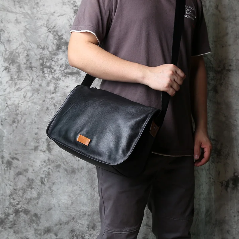 Men's Shoulder Bag Genuine Leather Casual Top Layer Cowhide Messenger Bag Black Fashion Backpack for 11 Inch Ipad NZPJ