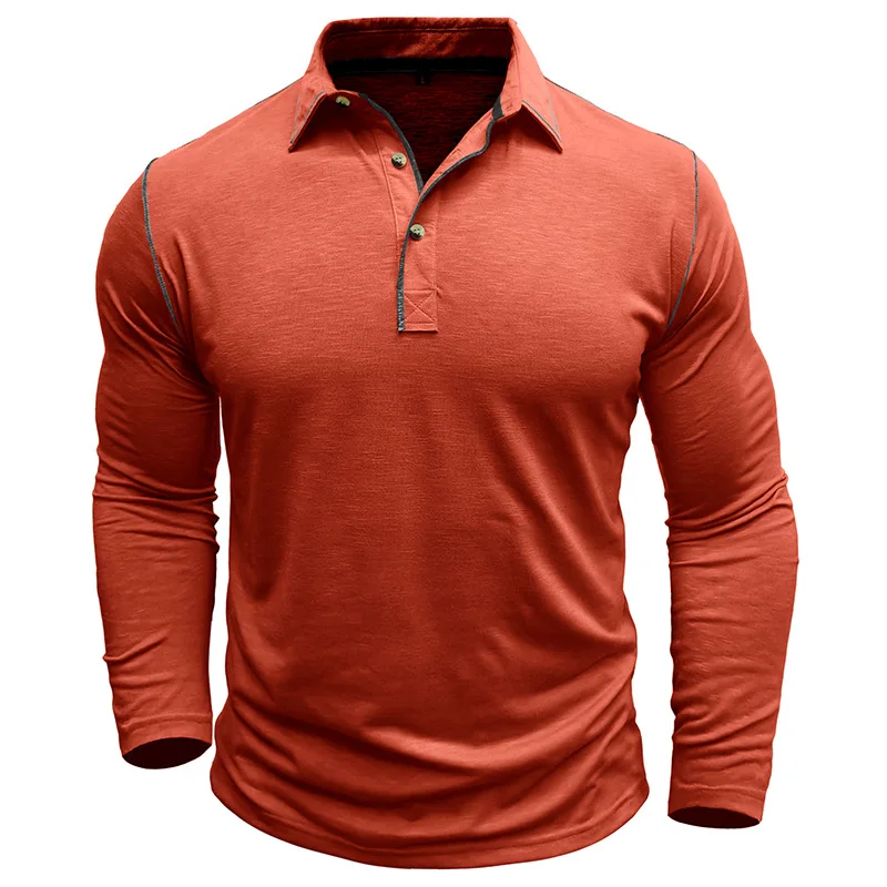 Stilvolle graue Langarm-Poloshirts für Herren, Henley-Oberteile mit Stehkragen und schwarzen Nähten für Frühling und Herbst – Detail 16