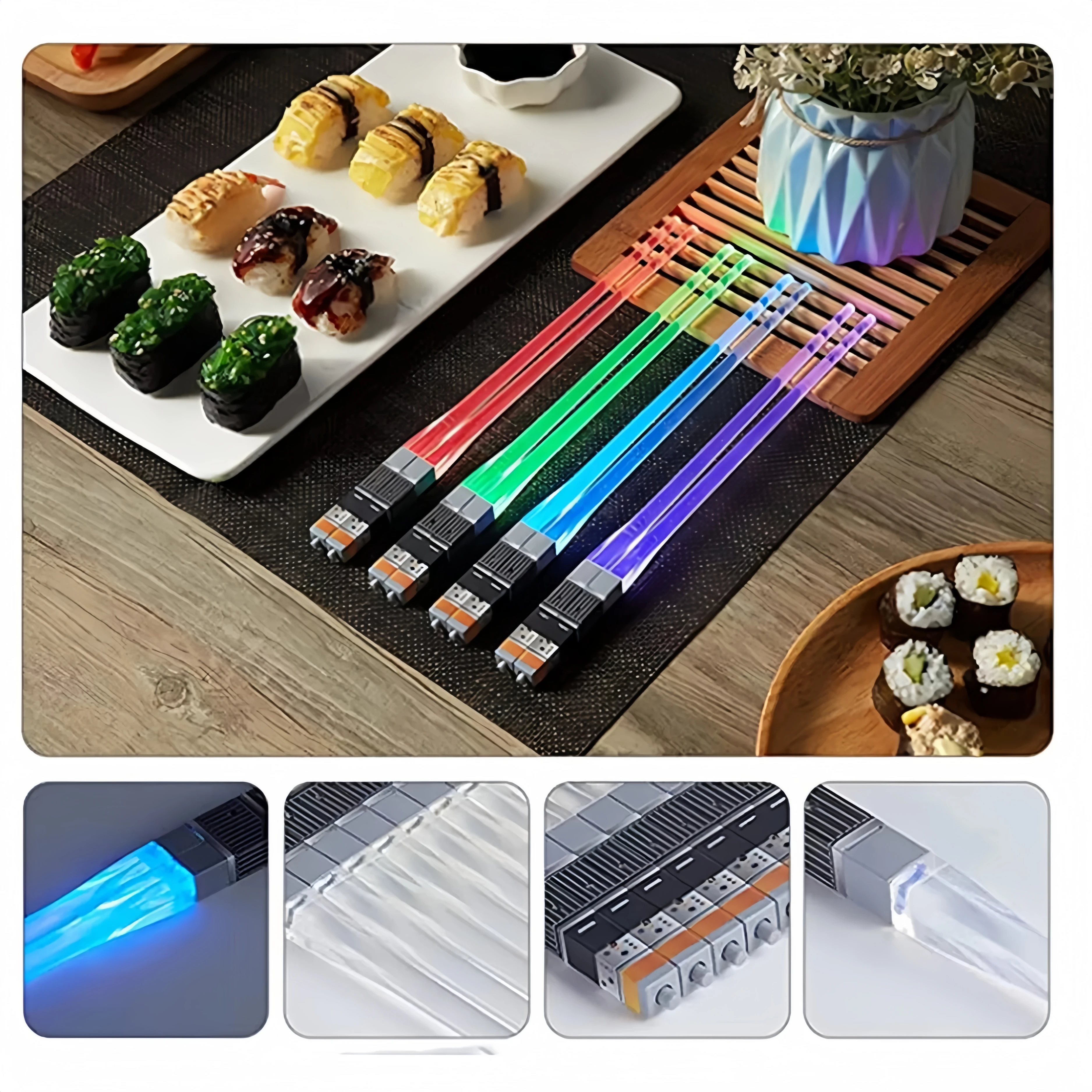 4 Paar Lichtschwert-Esslöffel in Blau, Rot, Grün, Lila, Leuchtende Esslöffel für Sushi, Outdoor, Nacht, Camping, Picknick – Detail 3