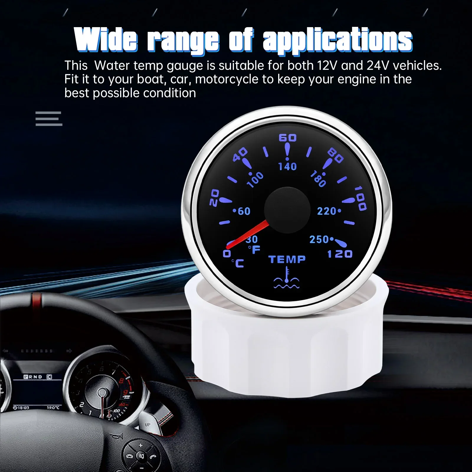 7 Colors Backlight 52MM Water Temperature Gauge 0~120℃ Water Temp Sensor 1/8NPT
