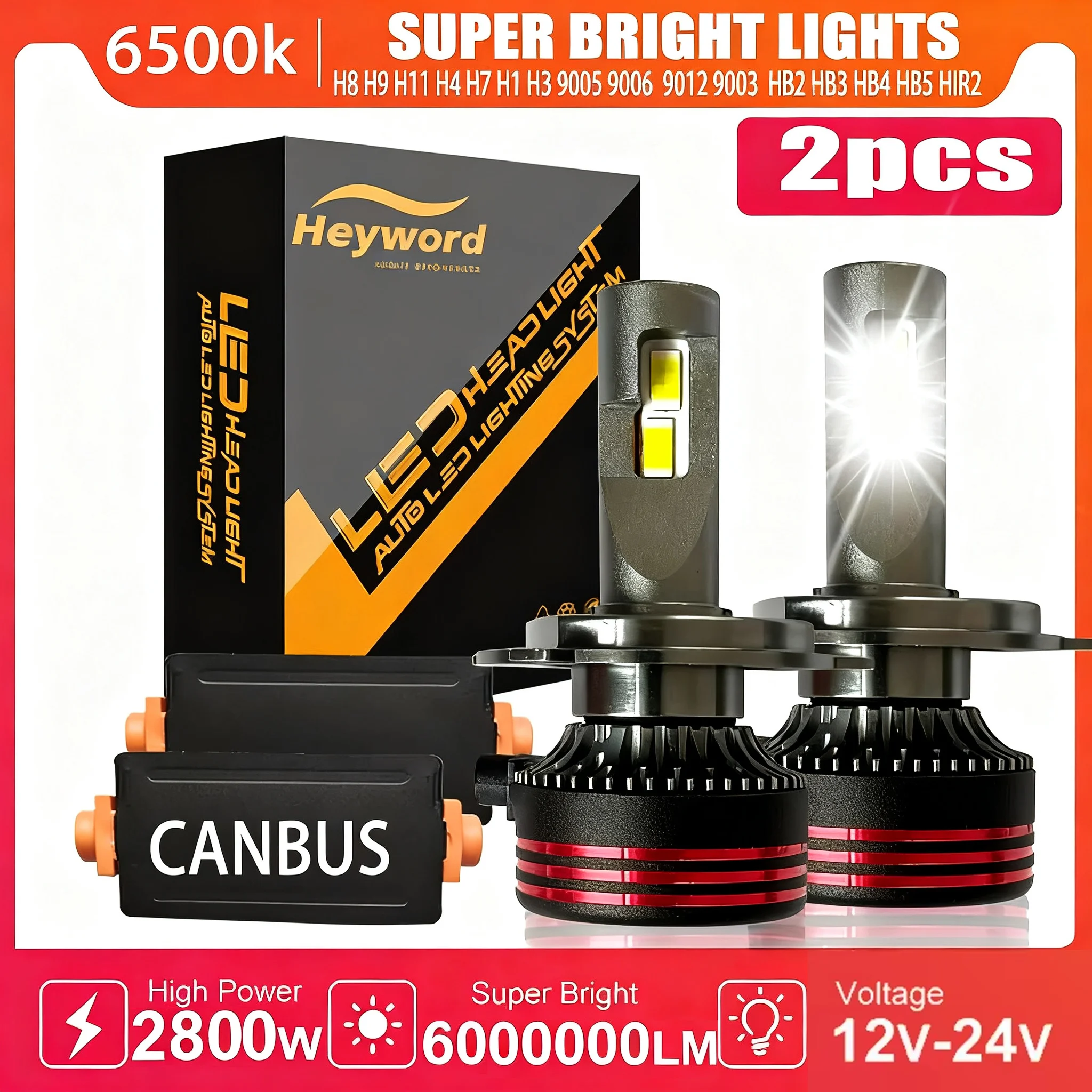 หลอดไฟหน้ารถยนต์ Heyword 2800W 6000000LM PLUS H7 H11 H1 H4 LED 6000K LED HB3 HB4 หลอดไฟ LED แบบท่อทองแดงคู่ ชุดไฟ LED สำหรับรถยนต์ 12V 2 ชิ้น 1