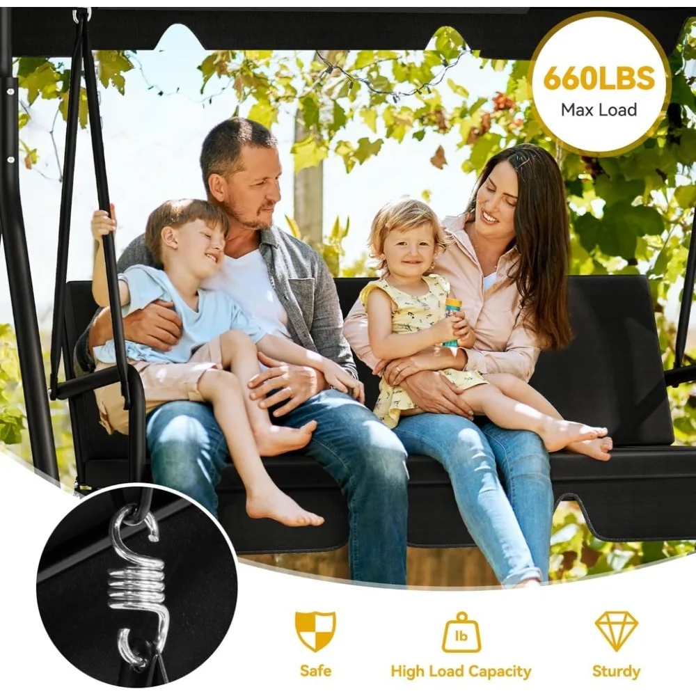 Patio Porch Swing for Adults, 3 Seat Porch Swings with Adjustable Canopy Outside Swing Bench with Removable Cushion, Suitable 2