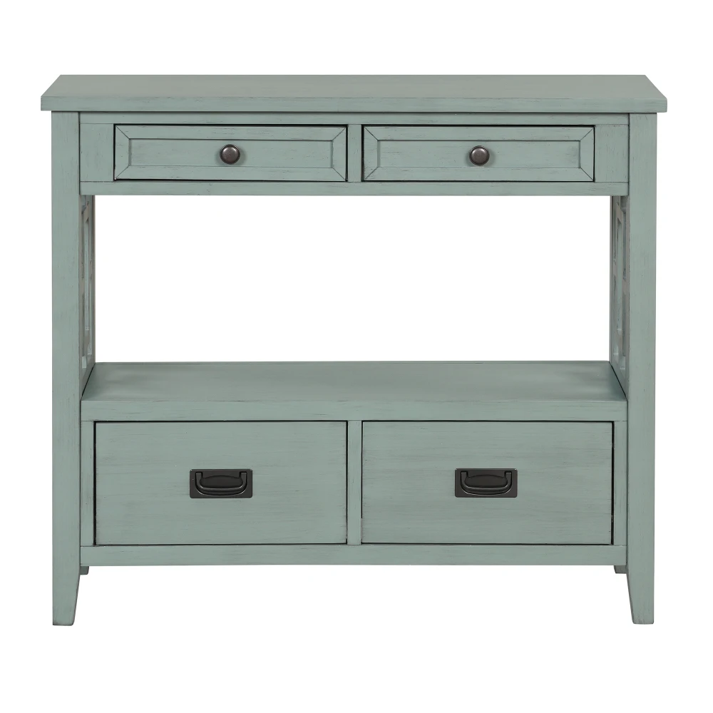 Farmhouse Pine Wood Console Table with 4 Drawers & 1 Storage Shelf - Retro Blue 4