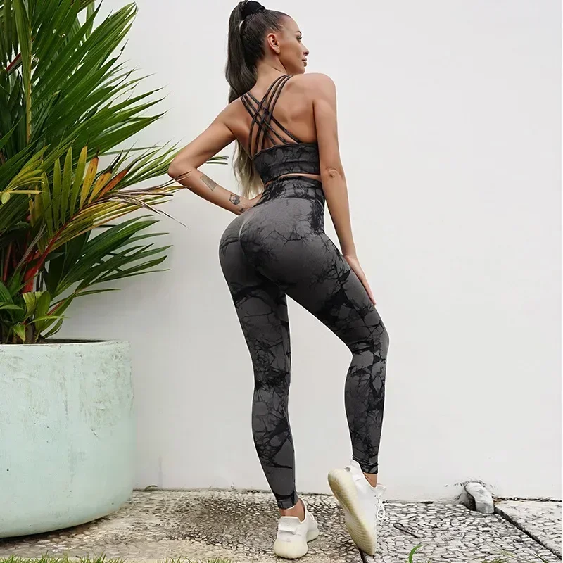 Seamless Tie-Dyed Yoga Sets Sports Fitness High Waist Hip Raise Pants Cutout Bra Suit Workout Clothes Gym Leggings Set For Women yoga set sports set gym workout set sportswear set fitness set sports bra set yoga pants set