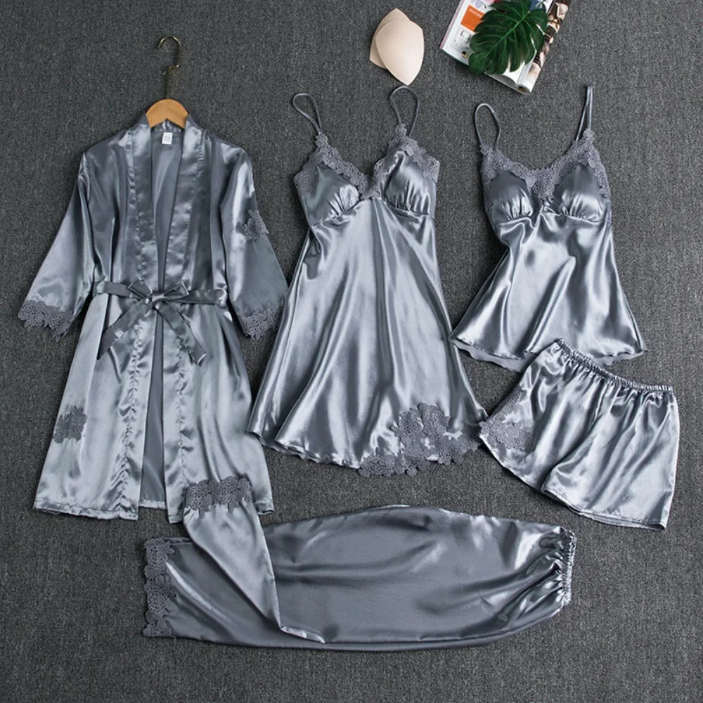 2024 New Pajamas Women Summer Ice Silk Sexy Hot Adult Spring and Autumn Long-sleeved Ladies Nightgown 5 - piece Multi-color Set