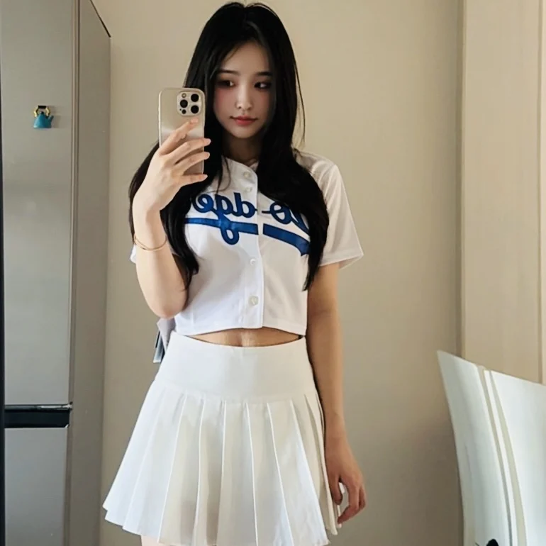 여성용 야구 저지 반소매 크롭 탑 퍼포먼스 치어리딩 패션 스포티 스타일 로스앤젤레스 다저스 민소매 매운 소녀 의상