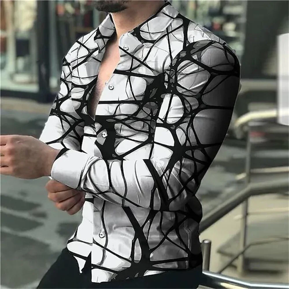 Men's luxury social shirt lapel button shirt irregular pattern printed long-sleeved cardigan shirt club ball men's street top