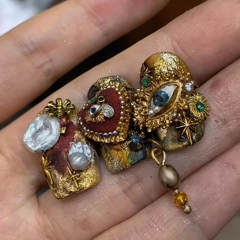 레트로 자수가 들어간 네일아트 몰드, 하트 모양 프린트 눈알, 3D 아트 주얼리, 투명 실리콘 몰드