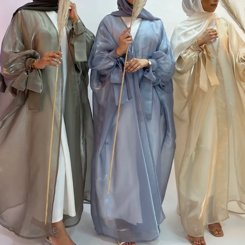 

Лето Eid Djellaba Abaya Дубай блестящее мягкое мусульманское платье с пышными рукавами шелковая Abaya Дубай, Турция мусульманское платье мусульманские Abayas