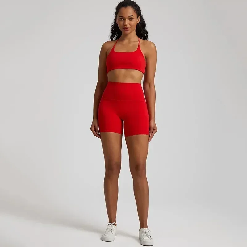 Women Gym Yoga Set Workout Training Women Sports Suit High Waist Short Legging And Cross Fitness Bra 2pcs With Chest Pad