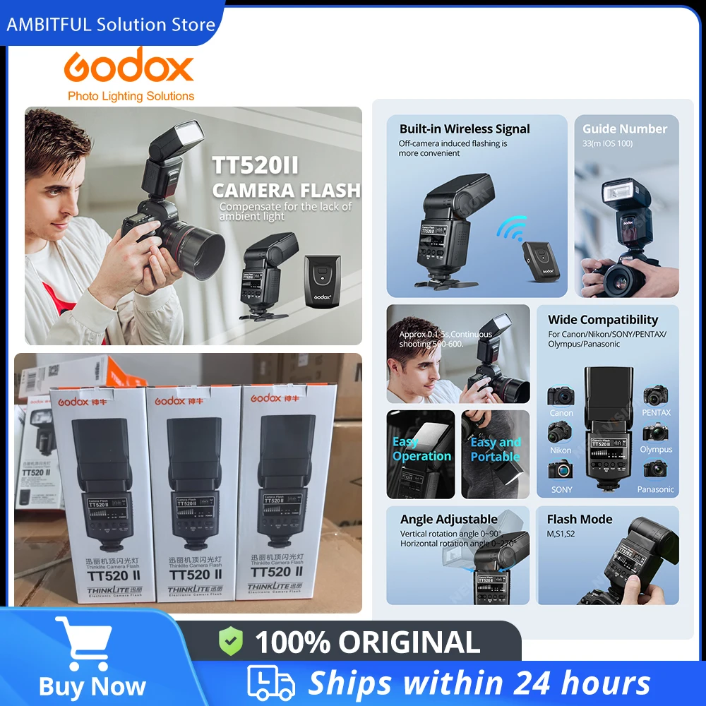 Flash de câmera Godox TT520II com sinal sem fio integrado de 433 MHz para câmeras DSLR Canon Nikon Pentax Olympus