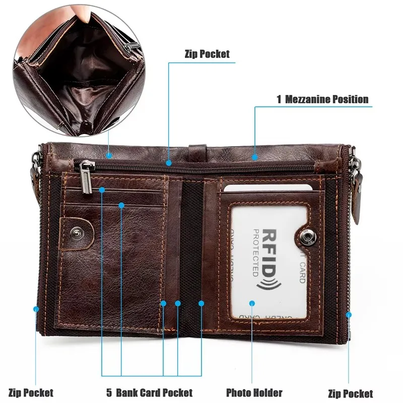 Genuine Leather RFID Card Holder & Coin Purse with Name Engraving - Short Style, Double Zipper, Unisex Design
