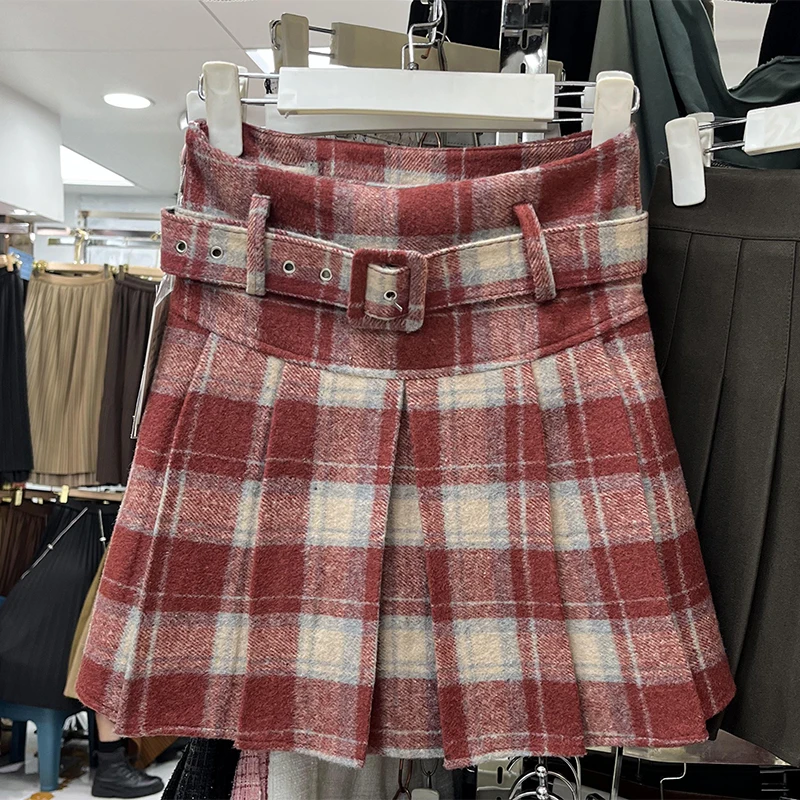 Y2K Woolen Plaid Short Skirt for Women Student 2023 Autumn and Winter New Preppy Style A- Line Belted Pleated Mini Skirts Woman
