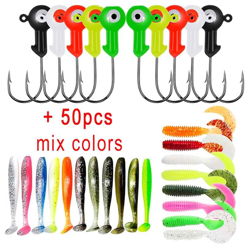 60-Piece Fishing Jig Head Hooks Set – Assorted Weights & Colors For Soft Plastic Baits, Fresh & Saltwater