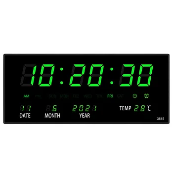 디지털 벽시계, 36x15x2.8CM, 4 알람, 시간별 차밍 온도 달력, 테이블 시계, 플러그 포함, 전자 발광 LED 시계