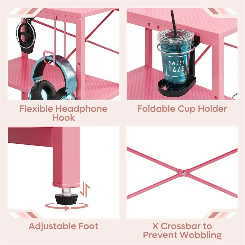 Computer Desk with Power Outlets & LED Lights with Monitor Stand & Adjustable Shelves, Cup Holder Hook, 55 inch Pink Gaming Desk 5