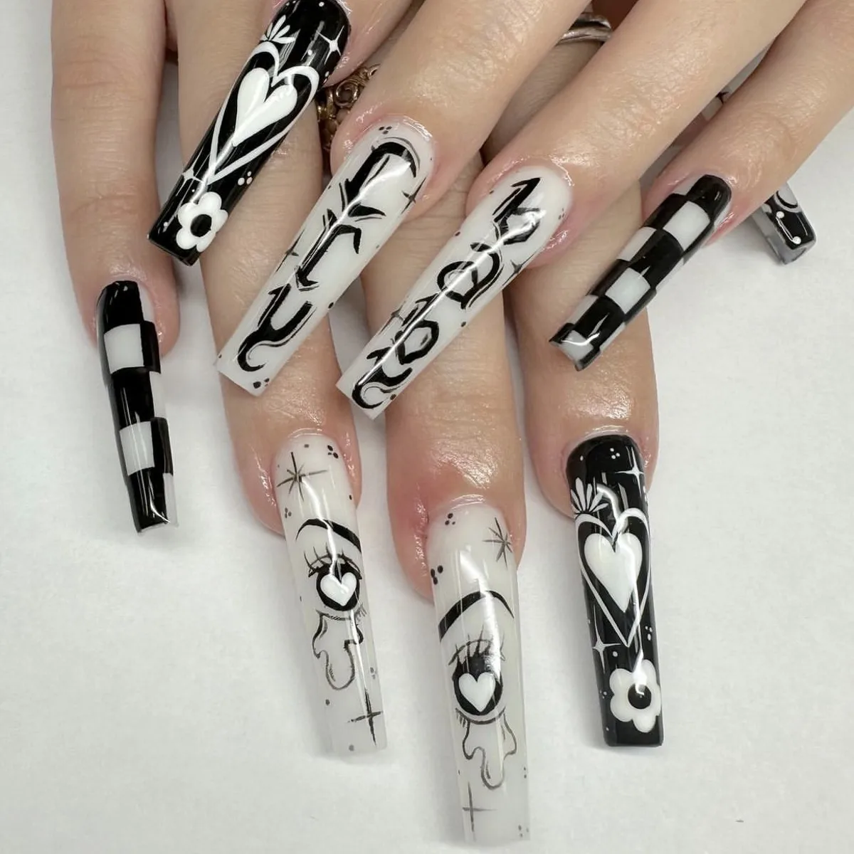 

3D fake nails accessories black white french long coffin tips manga heart designs faux ongles press on acrylic false nail set