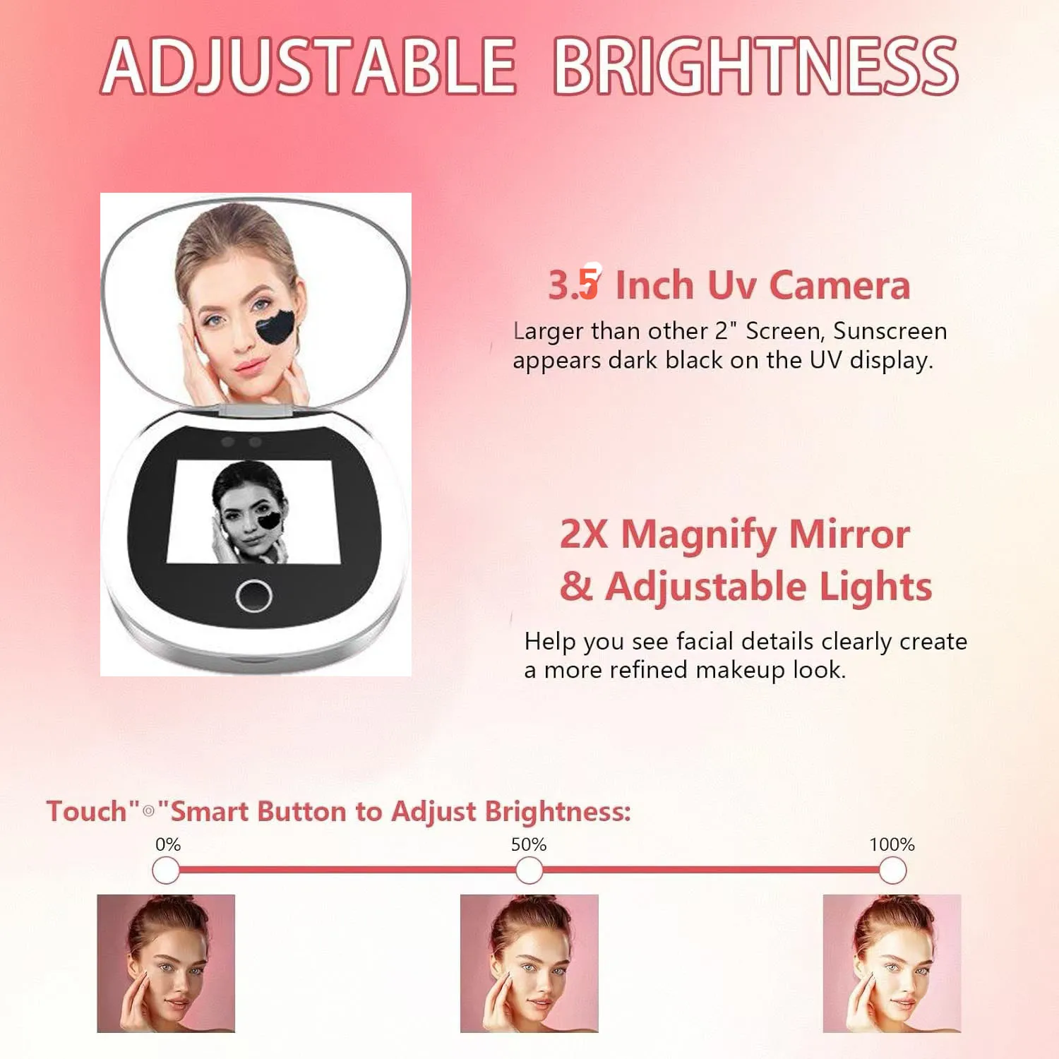 Makeup Mirror Travel Compact with UV Camera 2X Magnification Portable UV with Lights Checking Facial Sunscreen LED