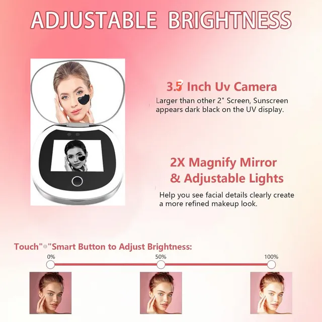 Miroir Compact de voyage avec caméra UV, grossissement 2X miroir UV Portable avec lumières vérificant le miroir de maquillage LED de protection solaire pour le visage 5