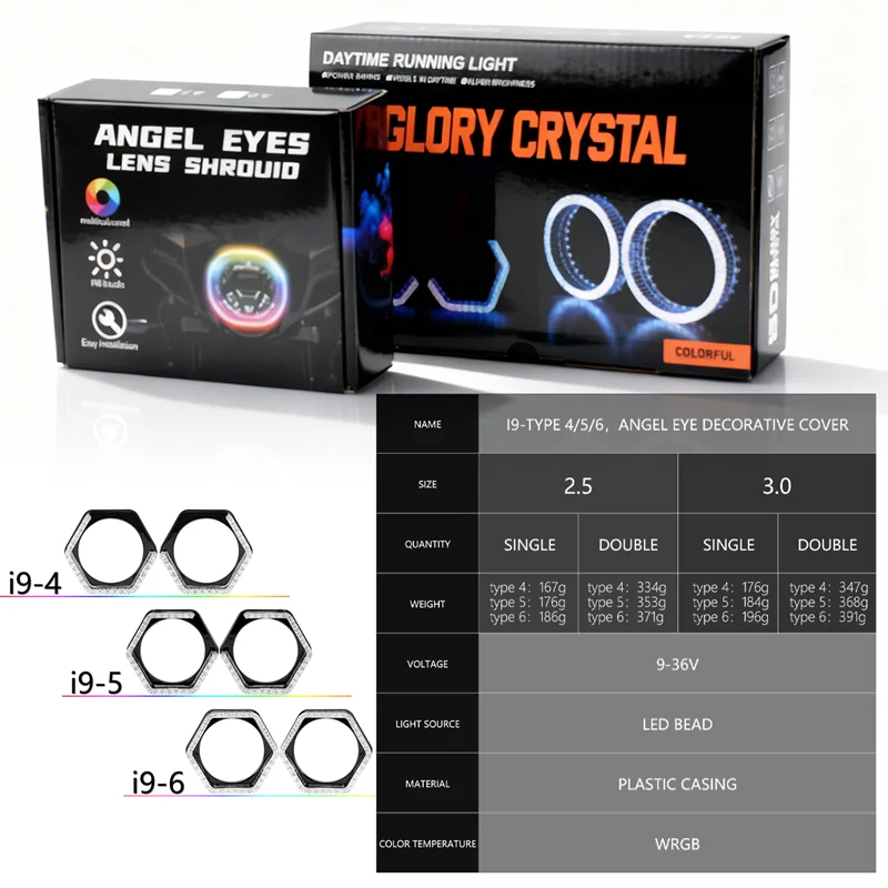 1쌍 5D RGB LED 엔젤 아이즈 헤일로 링 사각형 DRL 커버 (방향 지시등 포함) 앱 제어 헤일로 커버 (자동차 헤드라이트용)